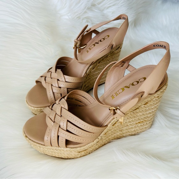 COACH Beige Dottie Open Toe Ankle Strap Wedge Espadrille Sandals Size 6 - Picture 14 of 16